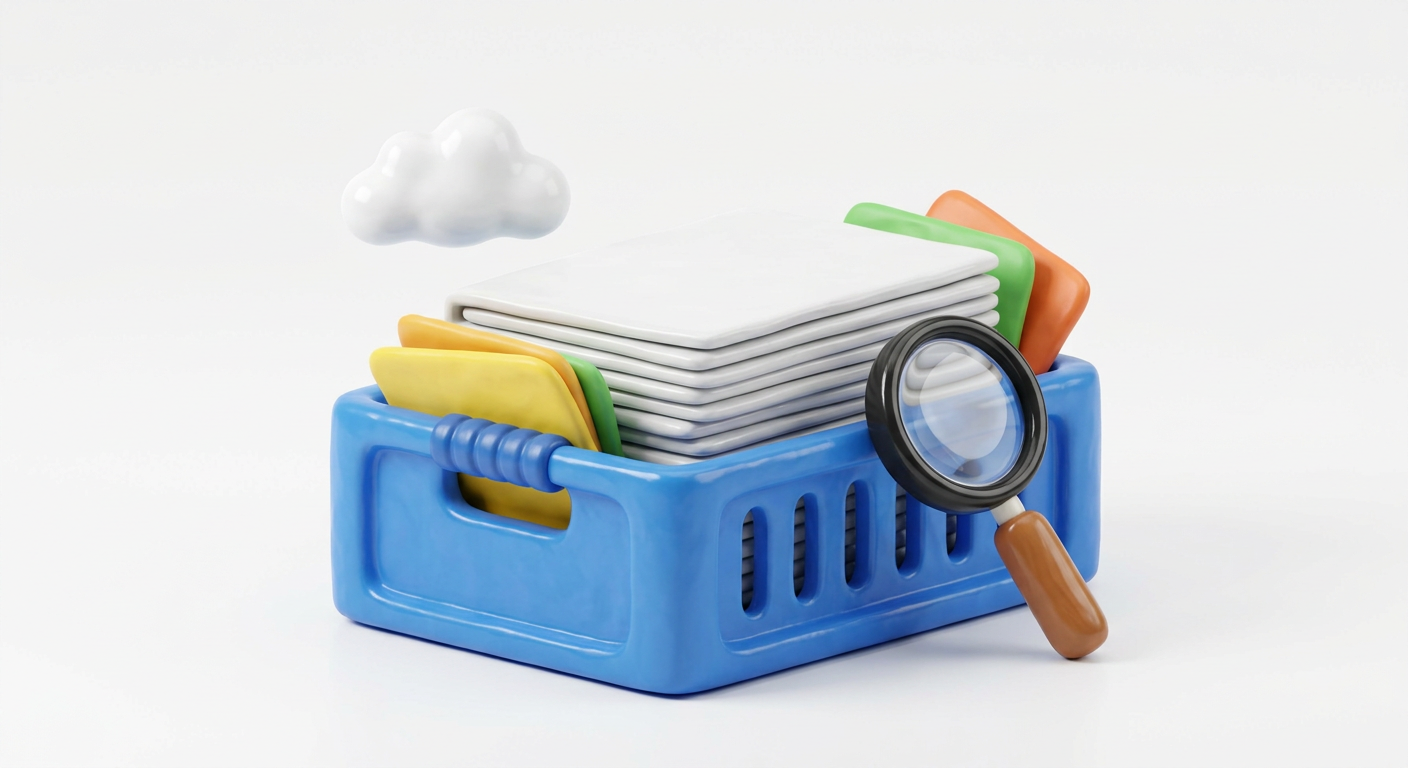 A blue crate of worksheets with a magnifying glass leaning against it