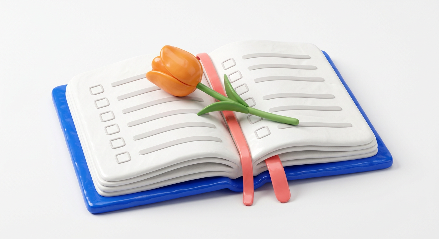 An open blue workbook with tick boxes and an orange tulip lying across it